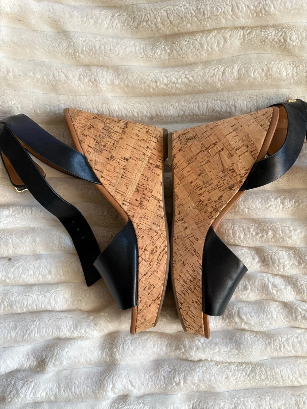 Tommy Hilfiger Black Leather Wedge Sandals with Tan Footbed